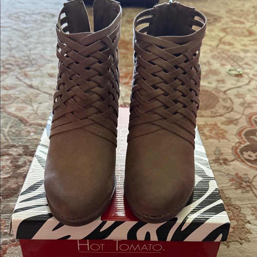 Hot Tomato Brown Ankle Booties with Woven Design